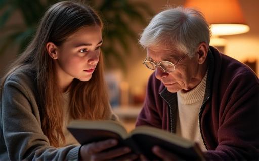 A senior sharing a story with a young volunteer.