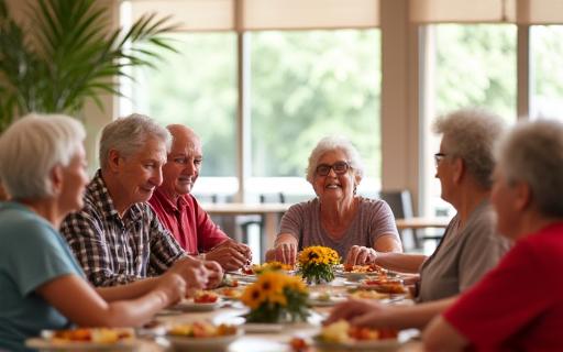 Residents dining together in a spacious hall.