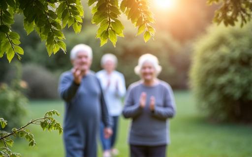 Seniors practicing Qi Gong in a garden.