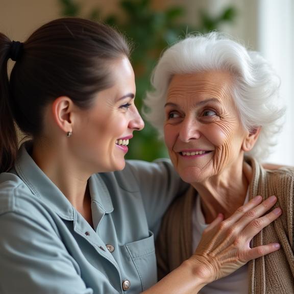 A compassionate staff member sharing a warm moment with a smiling resident.