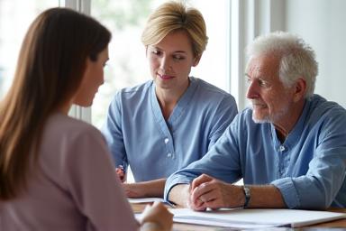 A nurse discussing a care plan with a family.