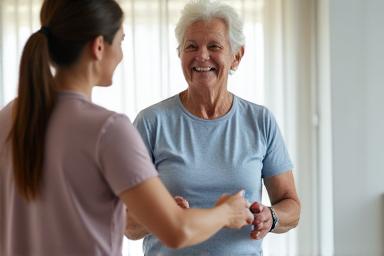 A senior participating in a gentle physiotherapy session.